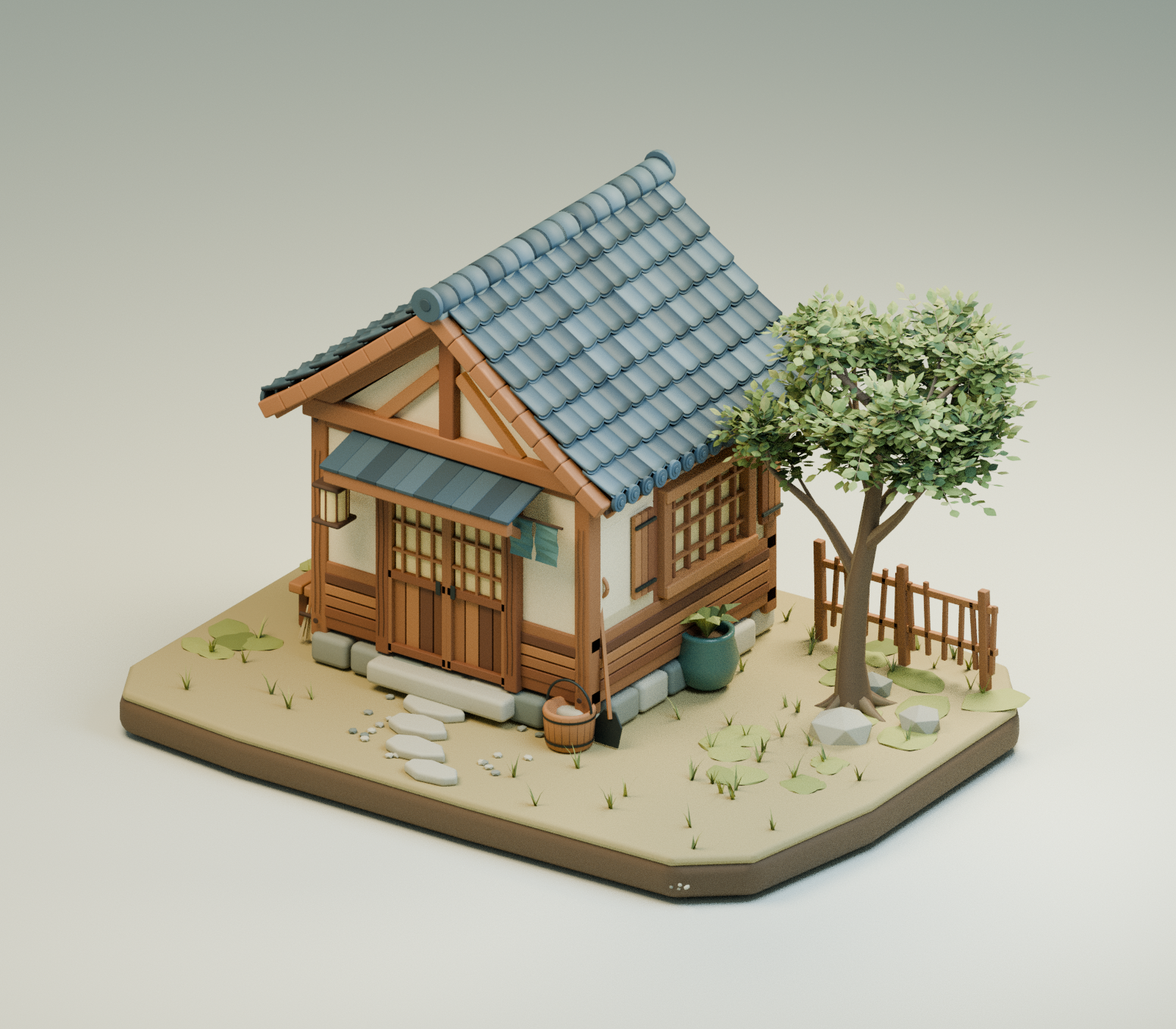 青い瓦屋根の小さな茶屋と緑の木の3D模型